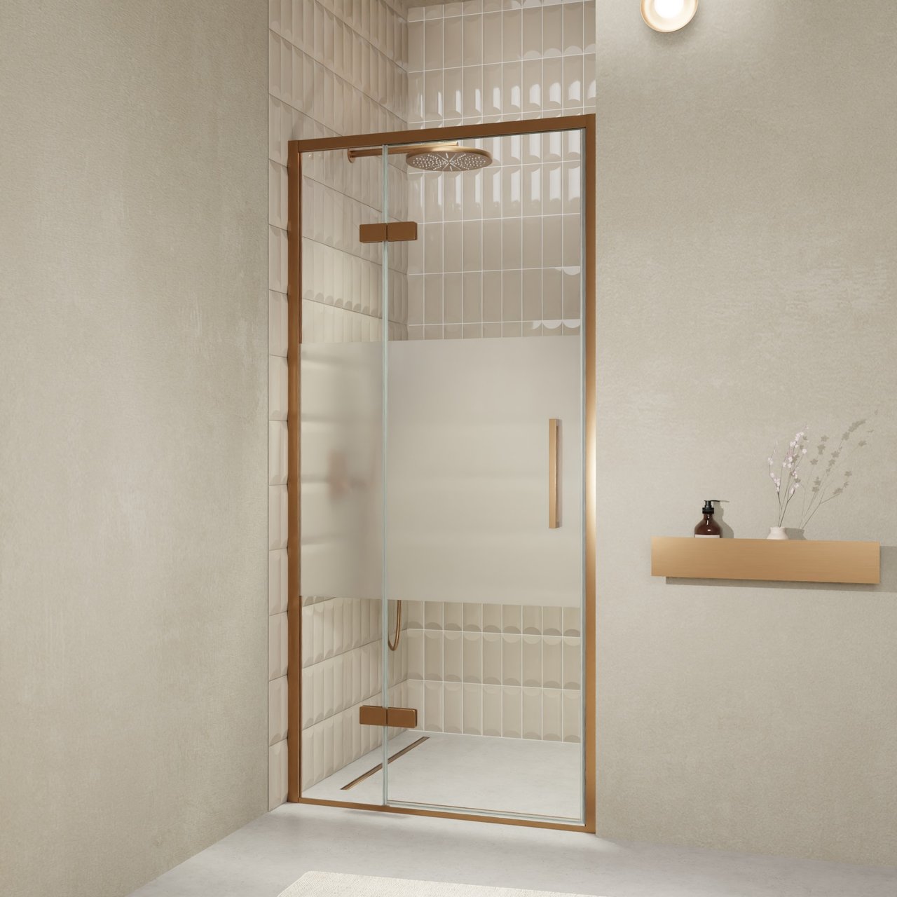 Balmani Senses Design douche draaideur links 100 cm x 210 cm Helder glas met matte strook, Brushed Rosegold profielen