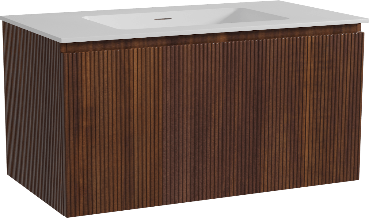 Storke Ribs zwevend badkamermeubel 95 x 52 cm notelaar met Mata enkele wastafel in solid surface mat wit, Verticale symmetrische rechte ribbel