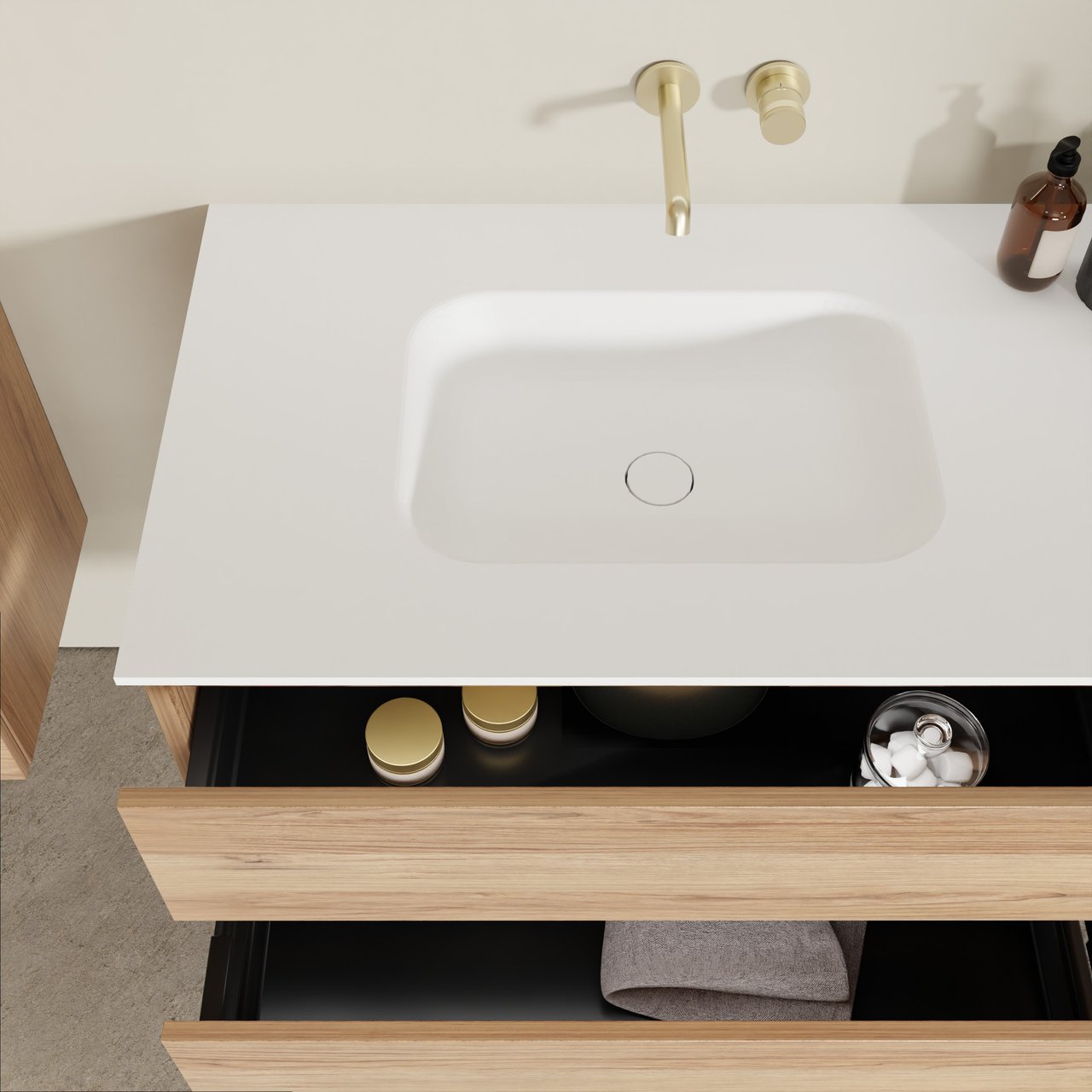 Balmani Lucida meuble salle de bains suspendu 135 x 55 cm teck avec Tablo Arcato double vasque en solid surface blanc mat