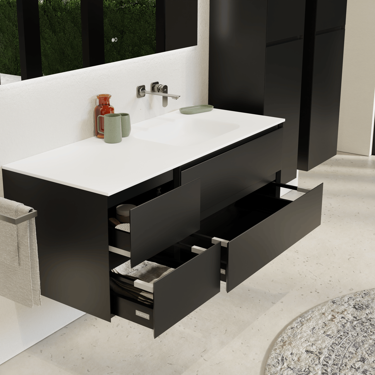 Balmani Mitra zwevend badmeubel 135 x 55 cm mat zwart met Tablo Arcato asymmetrisch rechtse wastafel in solid surface mat wit