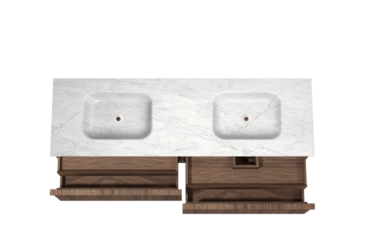 Balmani Forma meuble salle de bains suspendu 180 x 55 cm noyer américain avec Tablo Arcato double vasque en marbre carrare, Nervure droite symétrique verticale