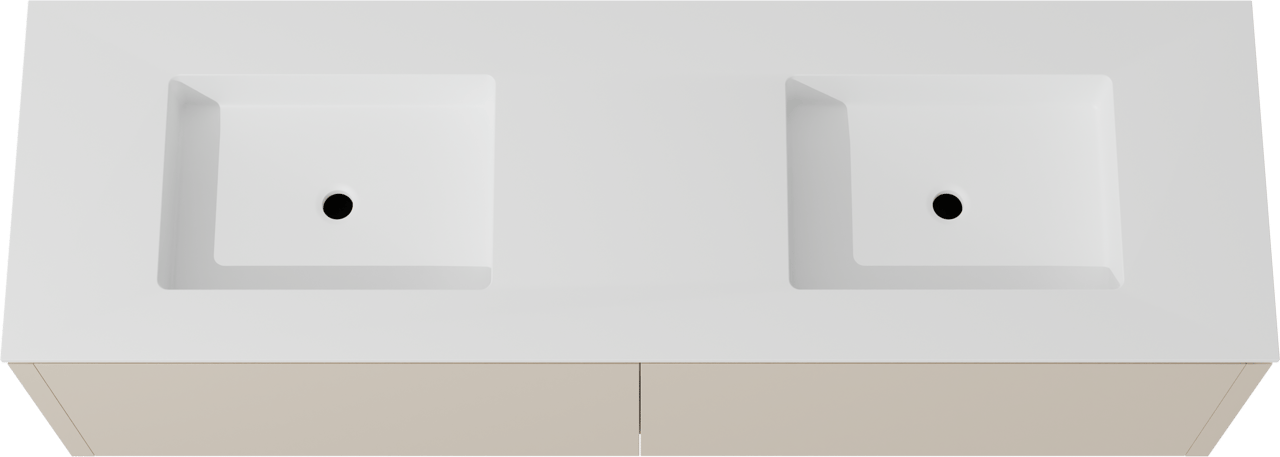 Balmani Eclips hängendes Möbelstück Set: 180 x 55 cm, Sandbeige, mit Tablo Stretto Doppelwaschtisch Solid Surface Weiβ matt