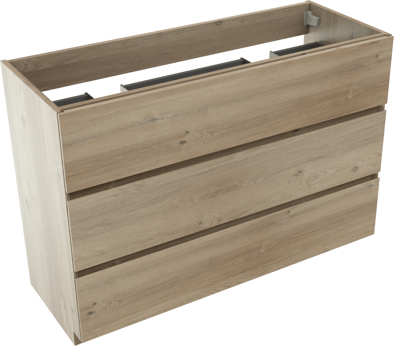 Storke Edge stehender Waschbeckenunterschrank: 120 x 46 cm, Eiche rustikal, 3 Schubladen, 2 Siphonaussparungen