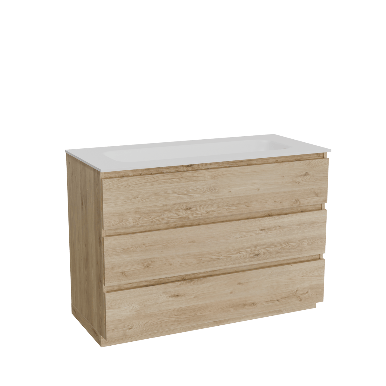 Balmani Lucida staand badkamermeubel 120 x 55 cm ruwe eik met Tablo Arcato enkele wastafel voor 2 kraangaten in solid surface mat wit