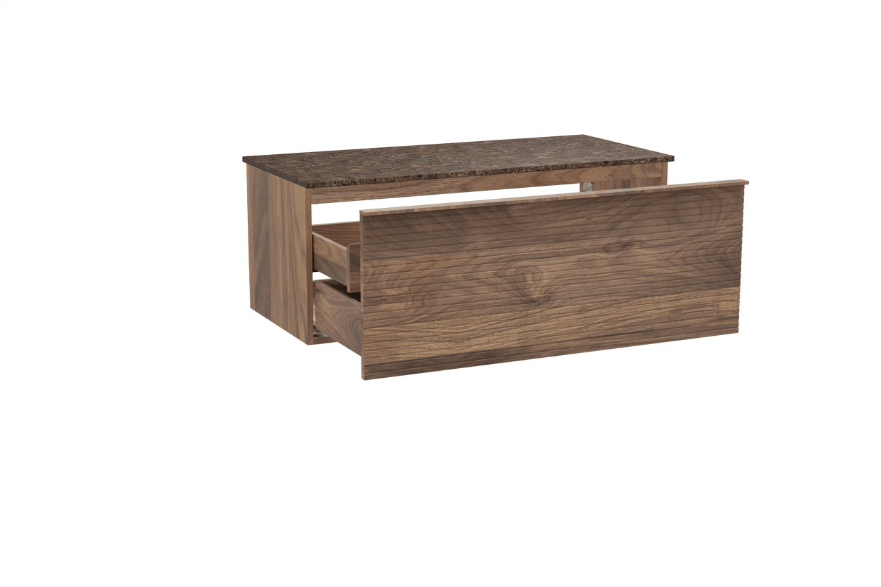 Balmani Forma hängendes Möbelstück Set: 120 x 55 cm, Amerikanischer Nussbaum, mit Stretto Einzel- oder Doppel Waschtischplatte, Marmor, Dark Emperador, Horizontale symmetrische gerade Rippe