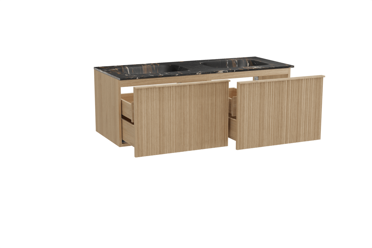 Balmani Forma zwevend badkamermeubel 135 x 55 cm natuur eik met Tablo Arcato dubbele wastafel in marmer portoro gold, Verticale asymmetrische ronde ribbel