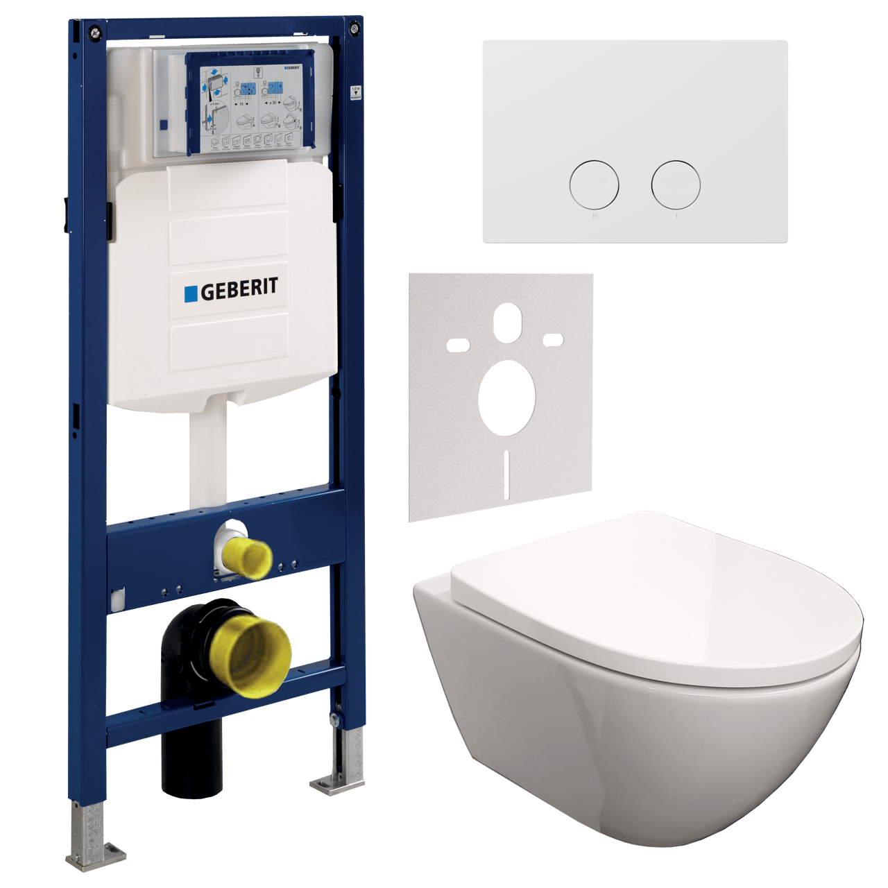 WC Set: Luca Varess Moreno Hänge WC, Weiß glänzend, spülrandlos, Geberit UP320 Systemfix Einbauspülkasten mit Luca Varess Betätigungsplatte