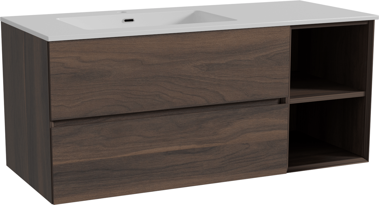 Storke Edge zwevend badkamermeubel 120 x 52 cm notelaar met Diva asymmetrisch linkse wastafel in composietmarmer glanzend wit