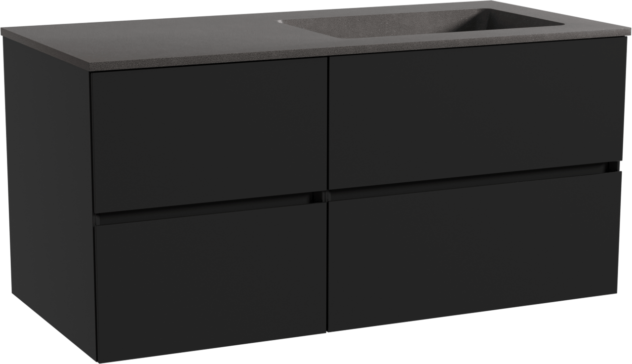 Storke Edge meuble salle de bains suspendu 110 x 52 cm noir mat avec Scuro plan vasque asymétrique à droite en quartz noir mat