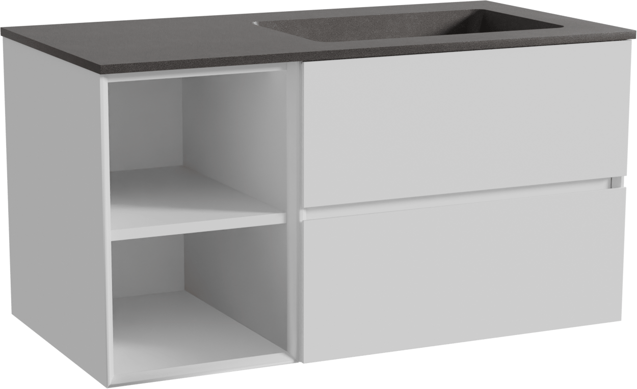 Storke Edge zwevend badmeubel 100 x 52 cm mat wit met Scuro asymmetrisch rechtse wastafel in kwarts mat zwart