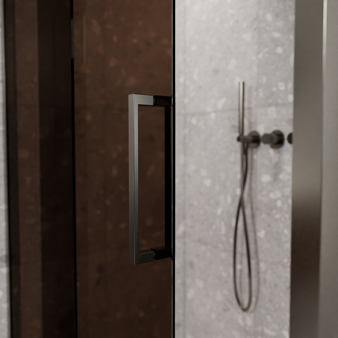 Balmani Senses Design Eckdusche: Schiebetür (Links) mit fixierte Seitenwand, 140 x 100 cm, Bronze, Profil Brushed GunMetal