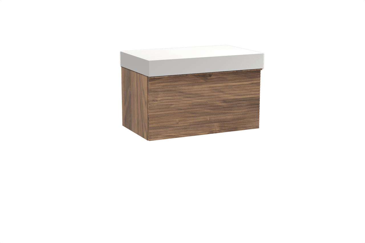 Balmani Forma hängendes Möbelstück Set: 90 x 55 cm, Amerikanischer Nussbaum, mit Dominus Einzel Waschtischplatte, Solid Surface, Weiß matt, Horizontale symmetrische gerade Rippe