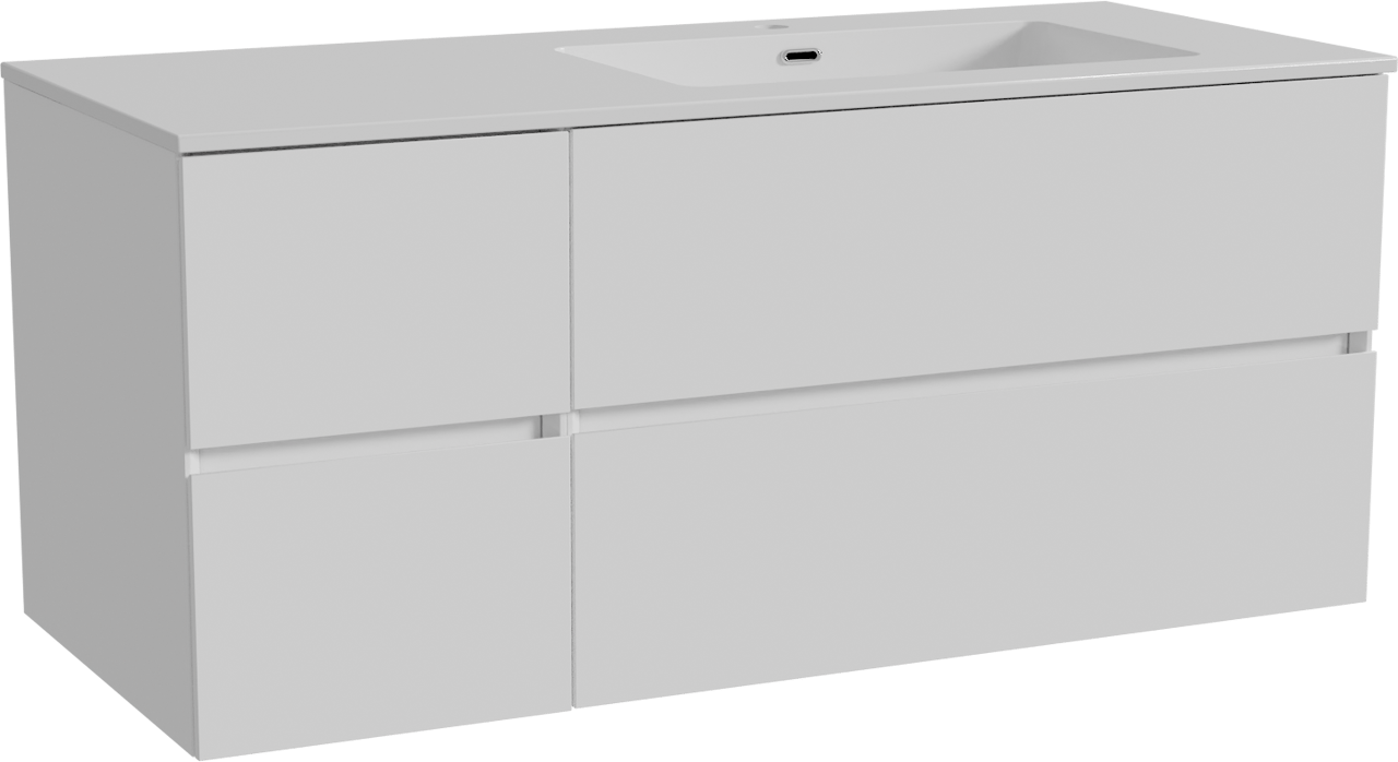 Storke Edge meuble salle de bains suspendu 120 x 52 cm blanc brillant avec Diva plan vasque asymétrique à droite en marbre composite blanc brillant