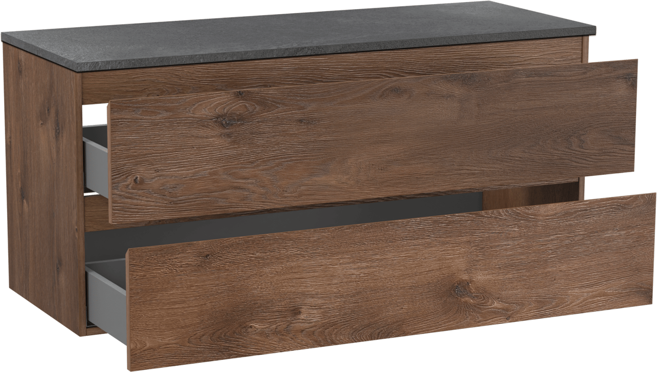 Linie Lado zwevend badkamermeubel 120 x 46 cm bruine eik met Lado enkel of dubbel tablet in melamine leisteen grijs