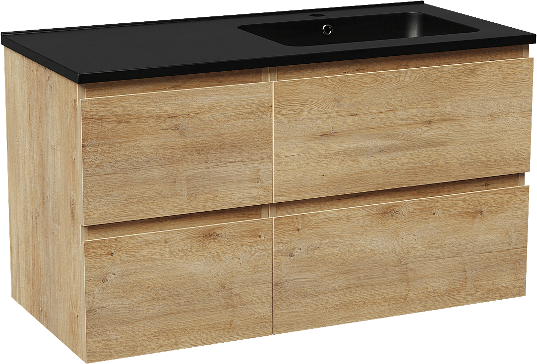 Linie Lado meuble salle de bains suspendu 100 x 46 cm chêne naturel avec Vano vasque asymétrique droite en marbre composite noir mat et Soto miroir