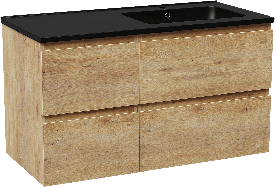 Linie Lado hängendes Möbelstück Set: 100 x 46 cm, Naturbelassene Eiche, mit Vano Waschtisch rechts, Marmorkomposit Schwarz matt und Soto Badspiegel