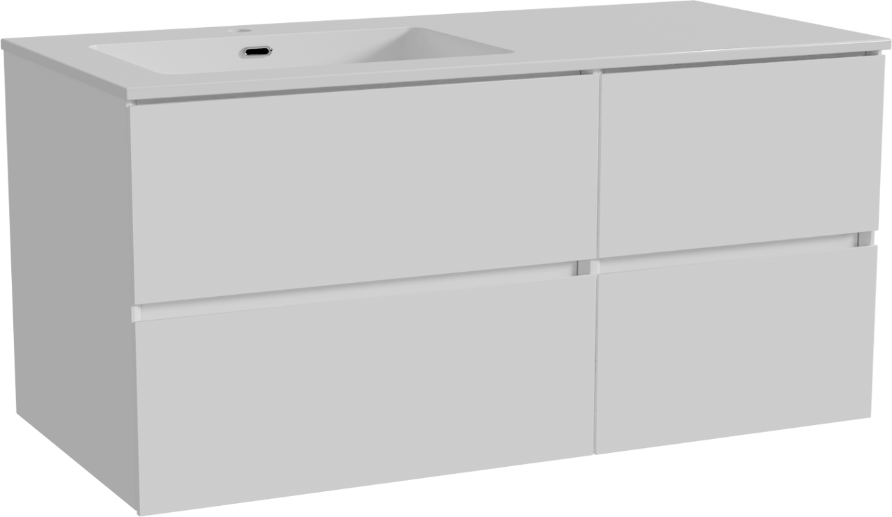 Storke Edge meuble salle de bains suspendu 110 x 52 cm blanc brillant avec Diva plan vasque asymétrique à gauche en marbre composite blanc brillant