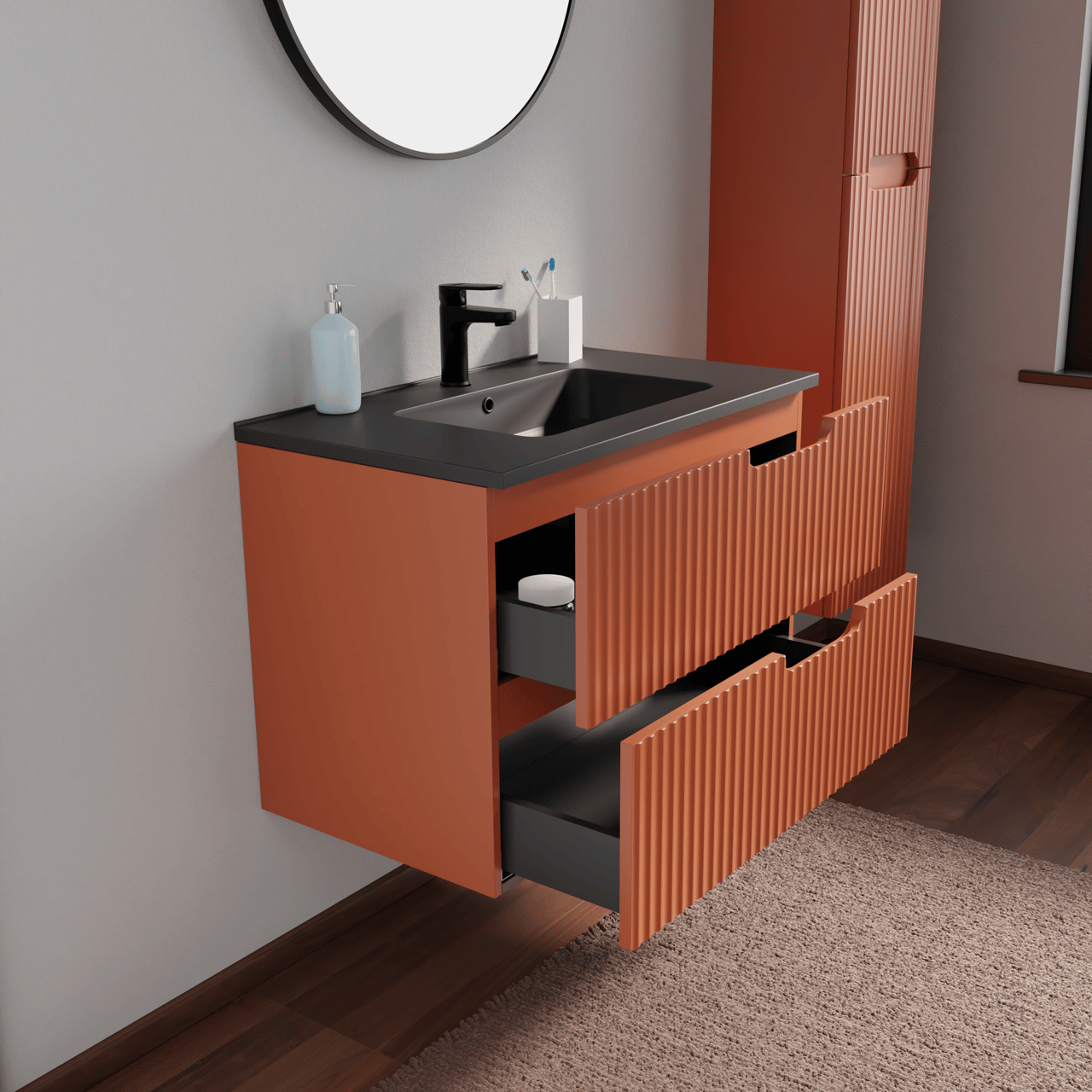 Linie Ribbo zwevend badmeubel 80 x 46 cm cotto met Vano enkele wastafel in composietmarmer mat zwart, Verticale symmetrische ronde ribbel