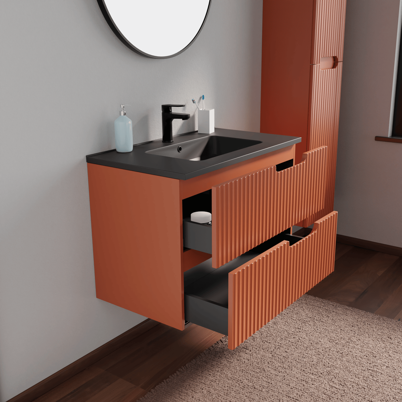 Linie Ribbo meuble salle de bains suspendu 80 x 46 cm cotto avec Vano plan simple en marbre composite noir mat, Nervure circulaire symétrique verticale