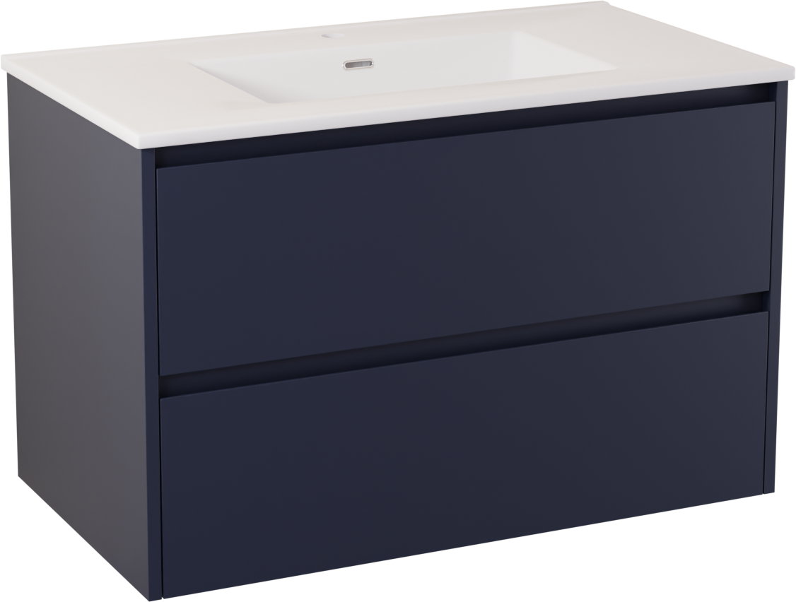 Storke Seda meuble salle de bains suspendu 95 x 52 cm bleu nuit avec Kera double vasque en céramique blanc brillant, crépine incluse