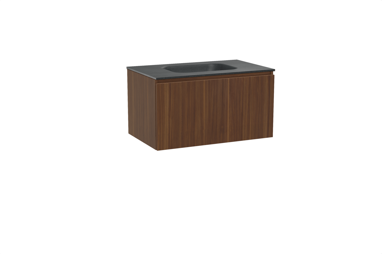 Balmani Sfera hängendes Möbelstück Set: 90 x 55 cm, Amerikanischer Nussbaum, mit Tablo Arcato Einzelwaschtisch, Schwarzes Granit