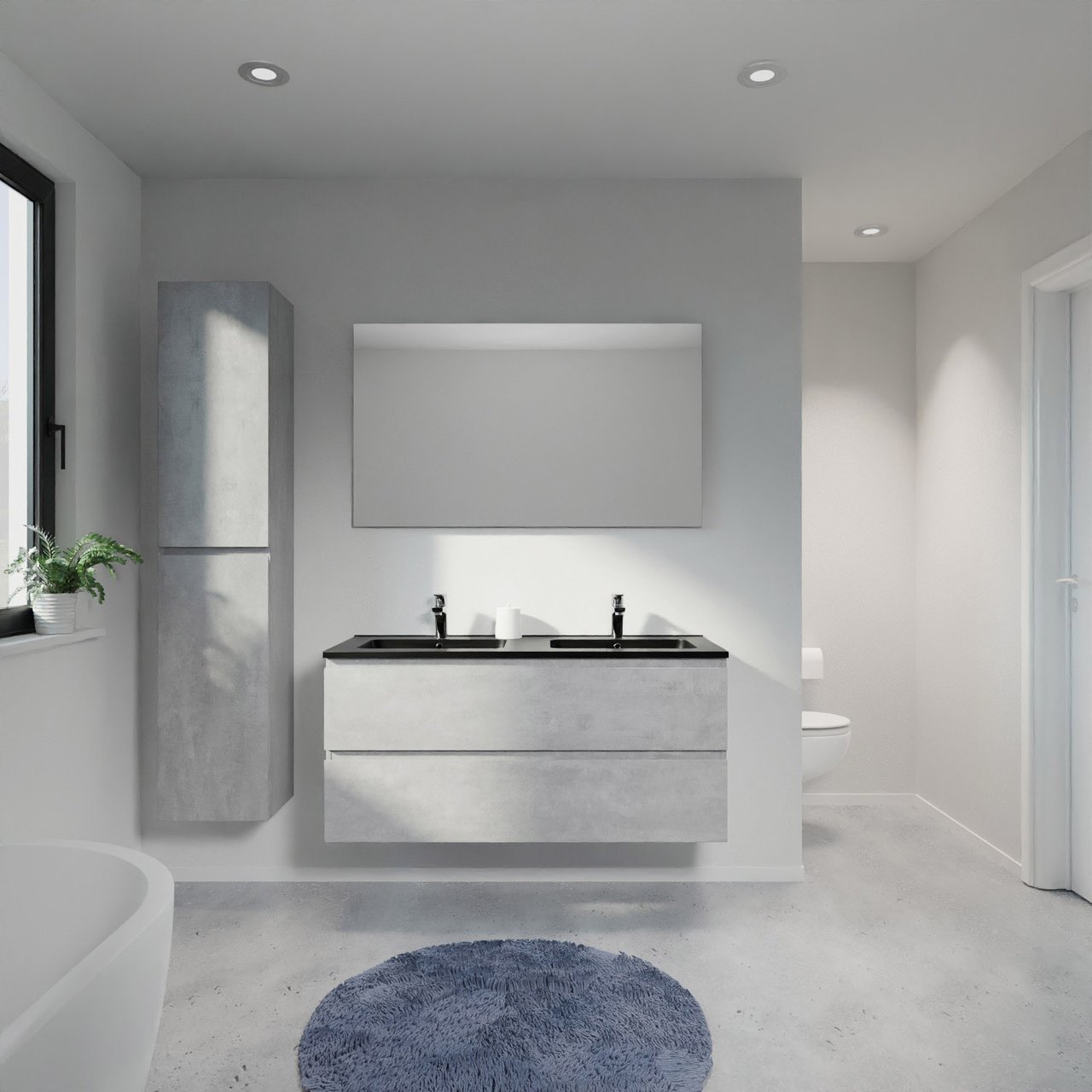 Linie Lado hängendes Möbelstück Set: 120 x 46 cm, Beton dunkelgrau, mit Vano Doppelwaschtisch, Marmorkomposit Schwarz matt