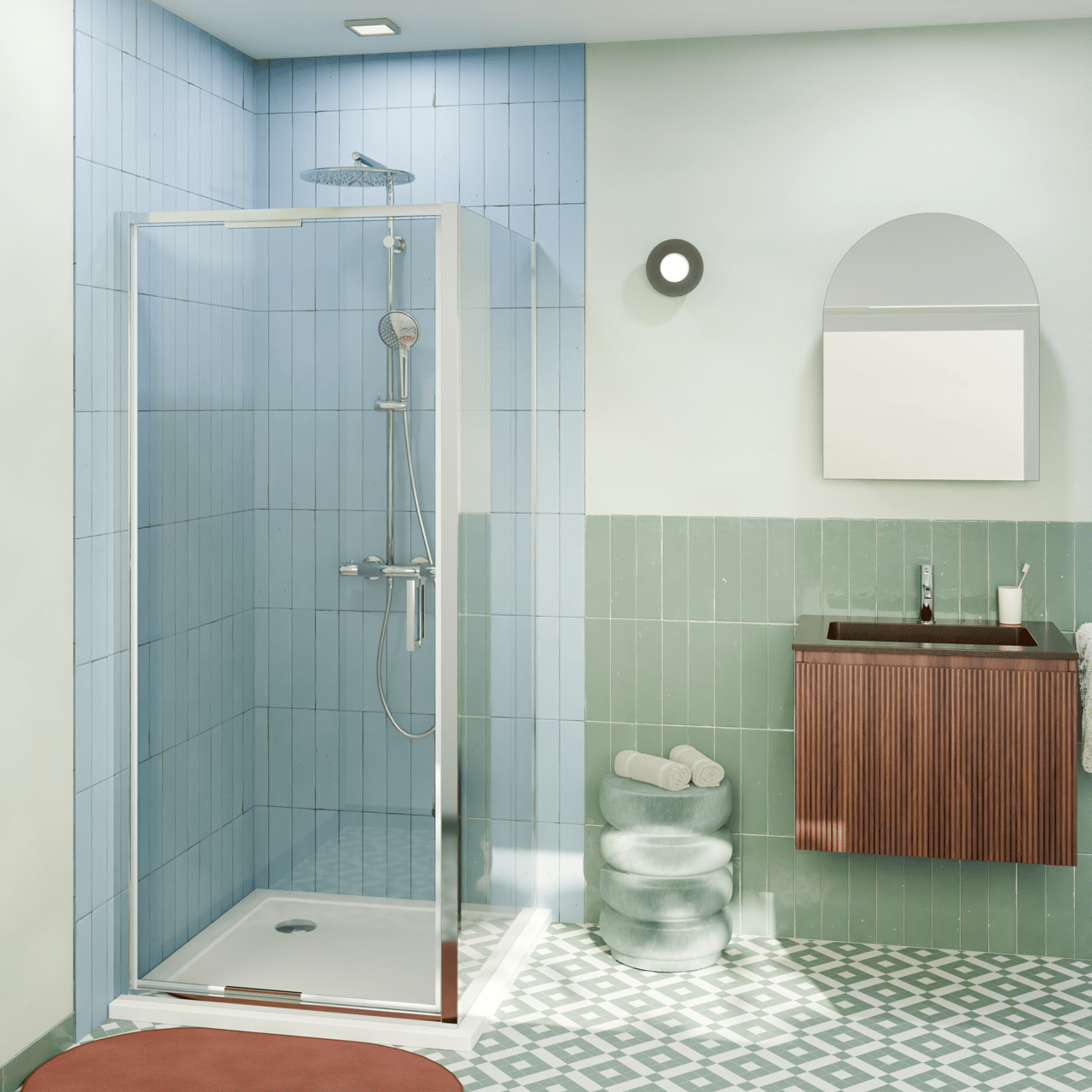 Luca Varess Vidor In Eckdusche: Drehtür und fixierte, Seitenwand, 90 x 80 cm, Klarglas, Chrom Profil, glänzend