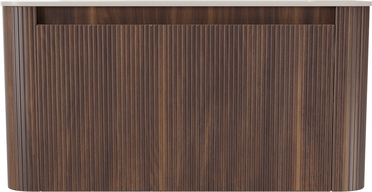 Storke Soft zwevend badkamermeubel 100 x 46 cm notelaar met Mata Soft enkele wastafel in solid surface beige granita, Verticale symmetrische rechte ribbel