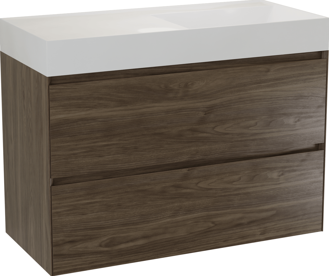 Balmani Mitra Compact meuble salle de bains suspendu 100 x 46 cm Noyer américain avec Argila vasque asymétrique droite en marbre composite blanc brillant