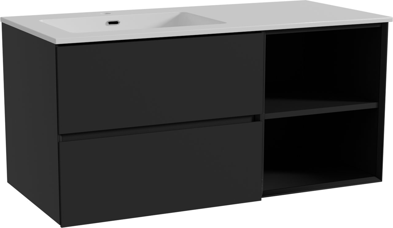 Storke Edge zwevend badkamermeubel 110 x 52 cm mat zwart met Diva asymmetrisch linkse wastafel in composietmarmer glanzend wit