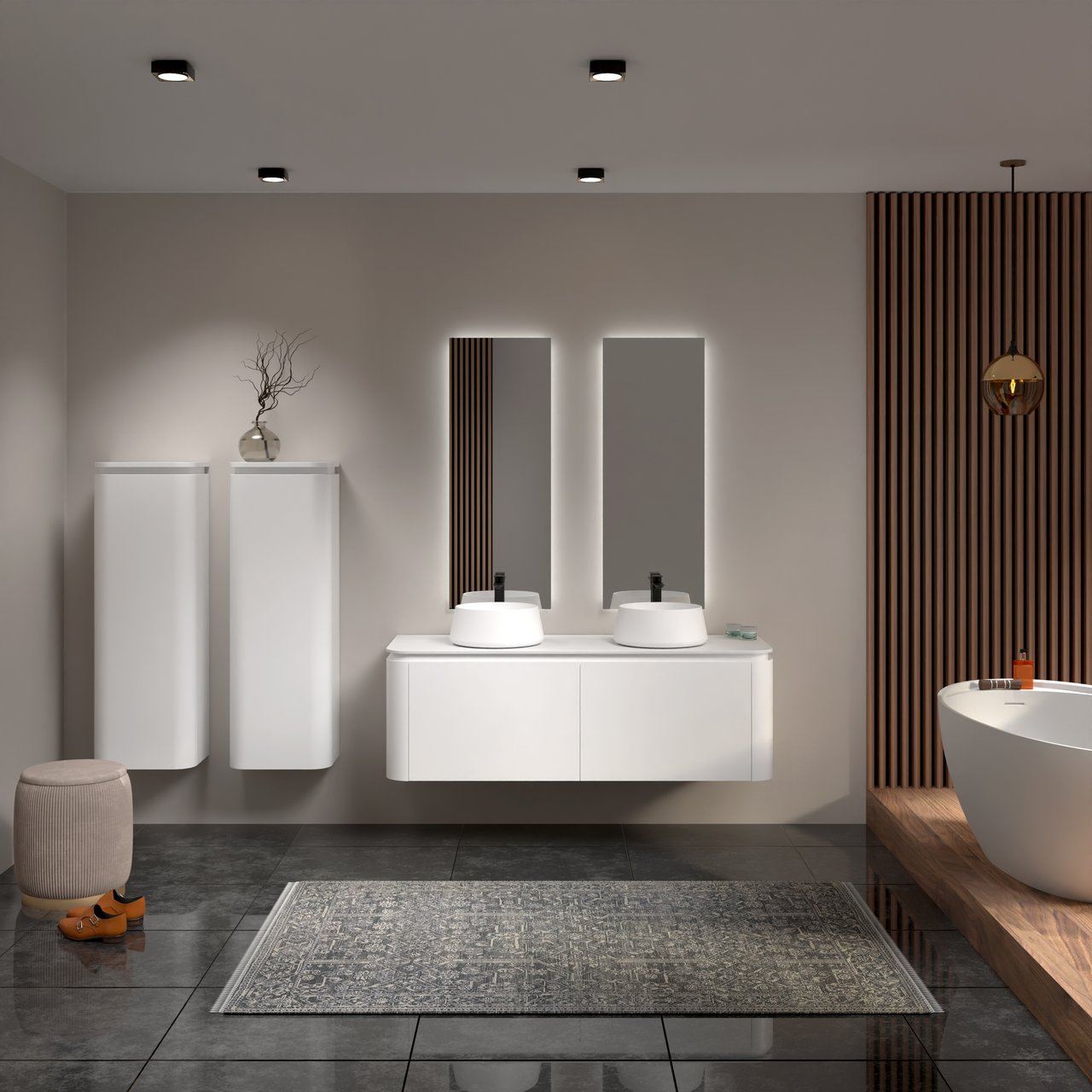 Balmani Moon hängendes Möbelstück Set: 160 x 55 cm, Weiß matt, mit Moon Einzel- oder Doppel Waschtischplatte, Solid Surface Weiß matt