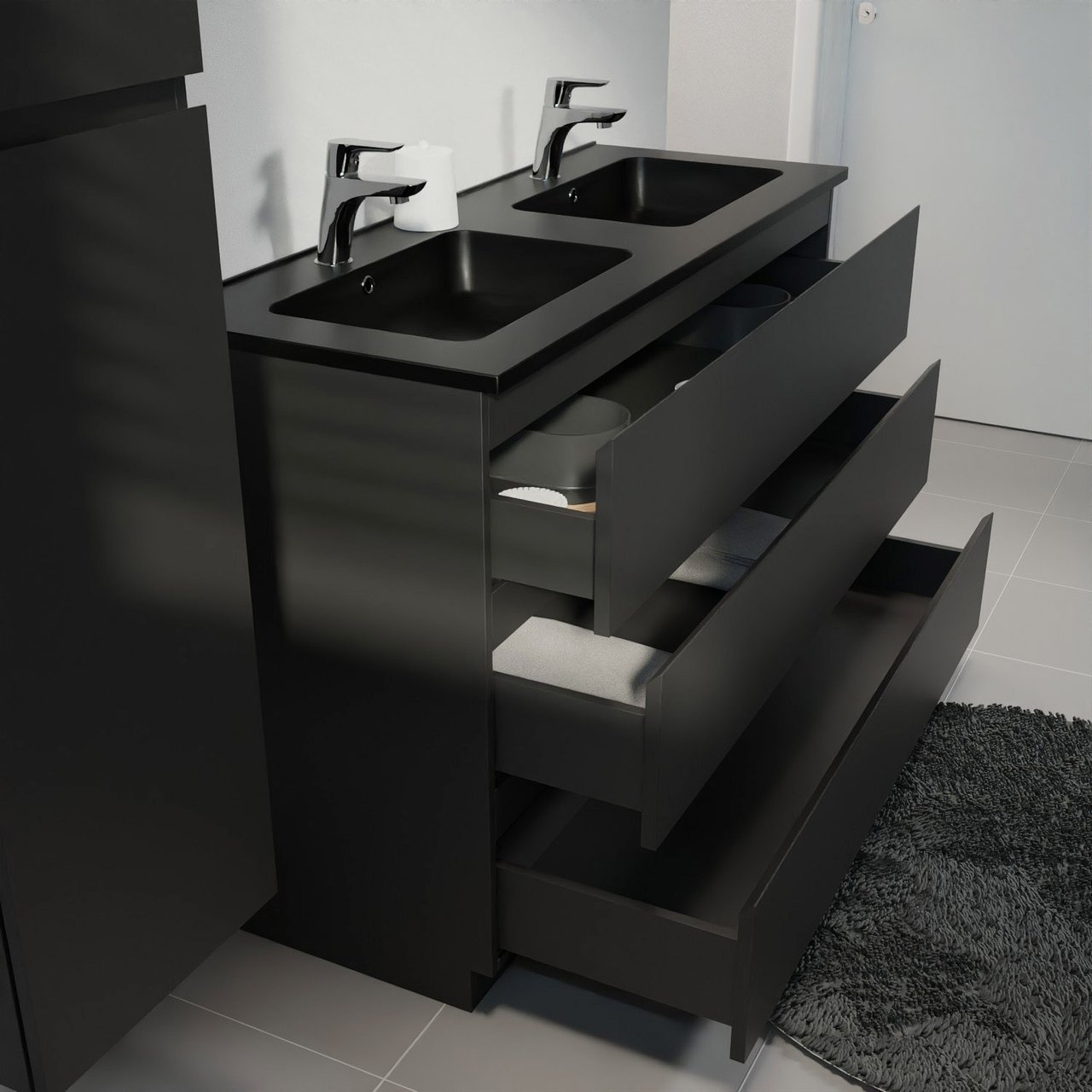 Linie Lado freistehendes Möbelstück Set: 120 x 46 cm, Schwarz matt, mit Vano Doppelwaschtisch, Marmorkomposit Schwarz matt