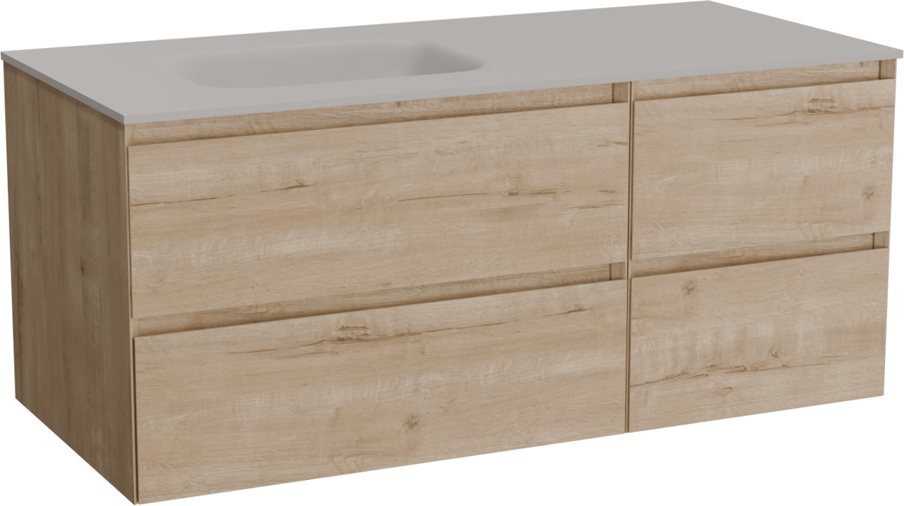 Balmani Mitra zwevend badmeubel 120 x 55 cm ruw eiken met Tablo Arcato asymmetrisch linkse wastafel in solid surface steengrijs