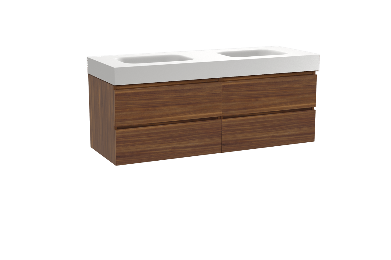 Balmani Lucida meuble salle de bains suspendu 150 x 55 cm noyer américain avec Arcato double vasque en solid surface blanc mat