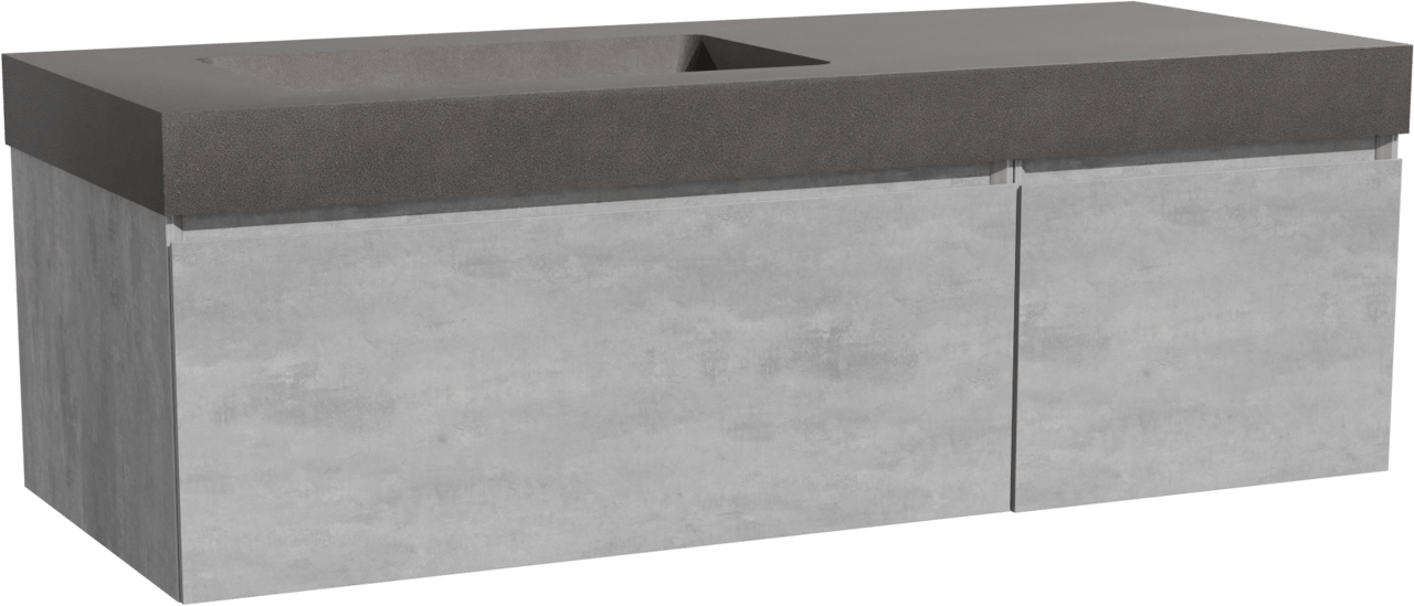 Storke Edge zwevend badmeubel 130 x 52 cm beton donkergrijs met Scuro High asymmetrisch linkse wastafel in kwarts mat zwart