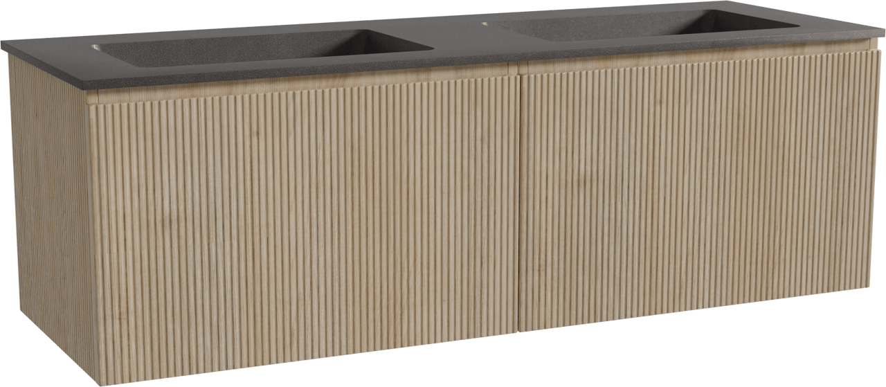 Storke Ribs meuble salle de bains suspendu 150 x 52 cm chêne brut avec Scuro double vasque en quartz noir mat, Nervure droite symétrique verticale