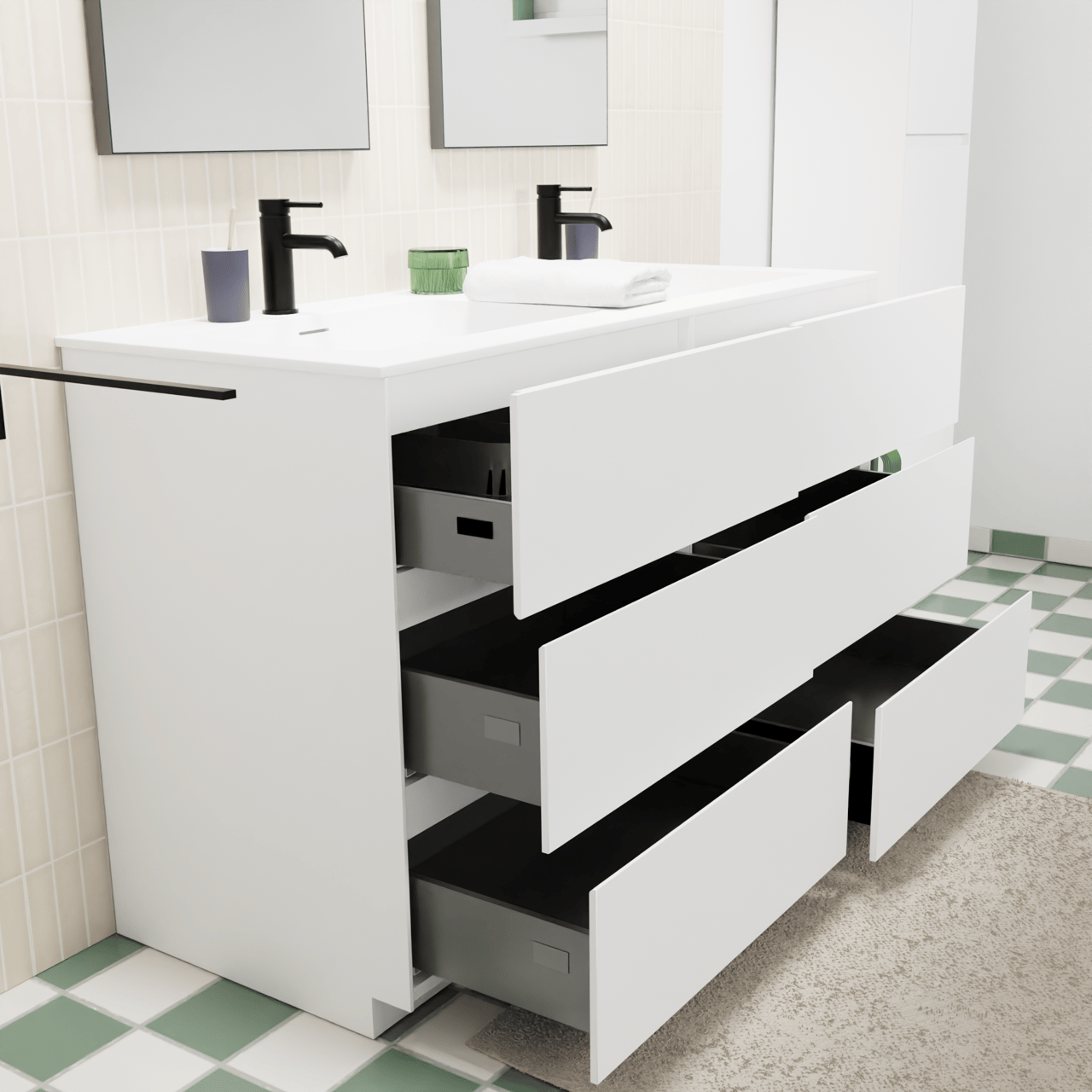 Storke Edge freistehendes Möbelstück Set: 130 x 52 cm, Weiß matt, mit Mata Doppelwaschtisch, Solid Surface Weiß matt