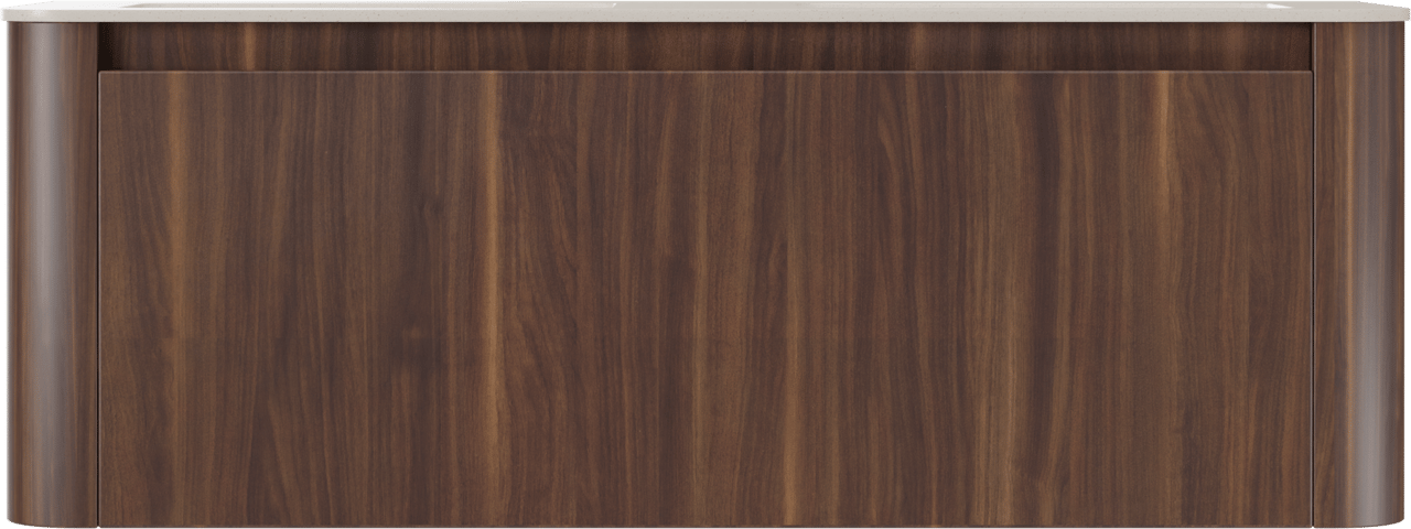 Storke Soft zwevend badmeubel 140 x 46 cm notenhout met Mata Soft dubbele wastafel in solid surface beige granita