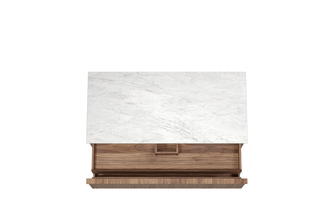 Balmani Forma zwevend badmeubel 120 x 55 cm amerikaans notenhout met Stretto enkel of dubbel wastafelblad in marmer carrara, Verticale asymmetrische ronde ribbel