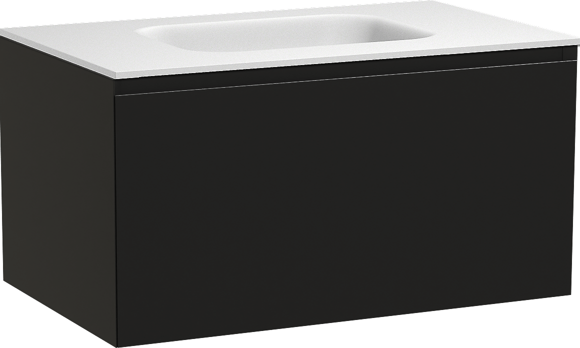 Balmani Idra zwevend badkamermeubel 90 x 55 cm mat zwart met Tablo Arcato enkele wastafel in solid surface mat wit