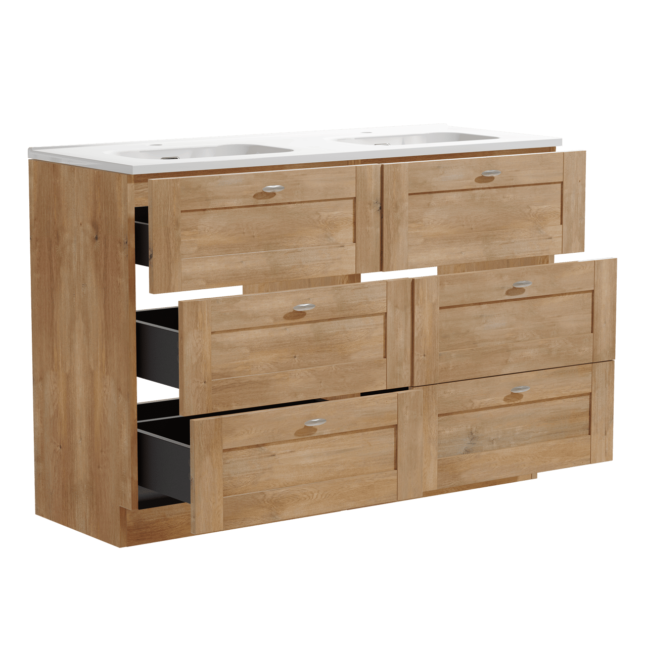 Linie Classo staand badkamermeubel 120 x 46 cm natuur eik met Baro dubbele wastafel in porselein glanzend wit