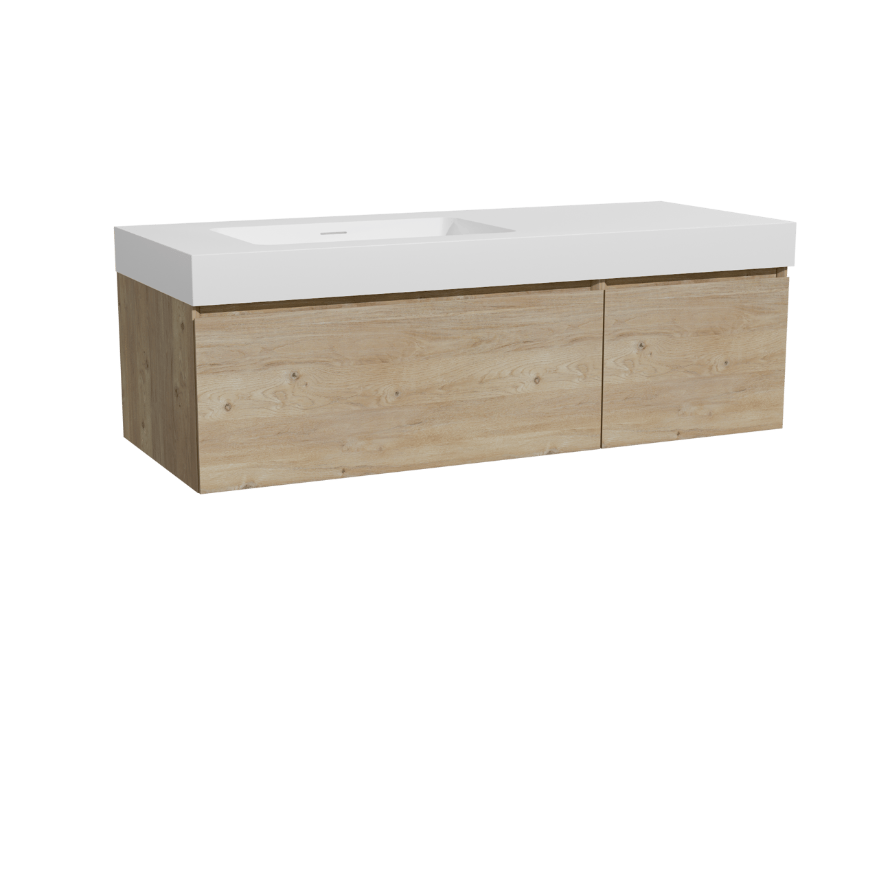Storke Edge meuble salle de bains suspendu 130 x 52 cm chêne brut avec Mata High plan vasque asymétrique à gauche en solid surface blanc mat