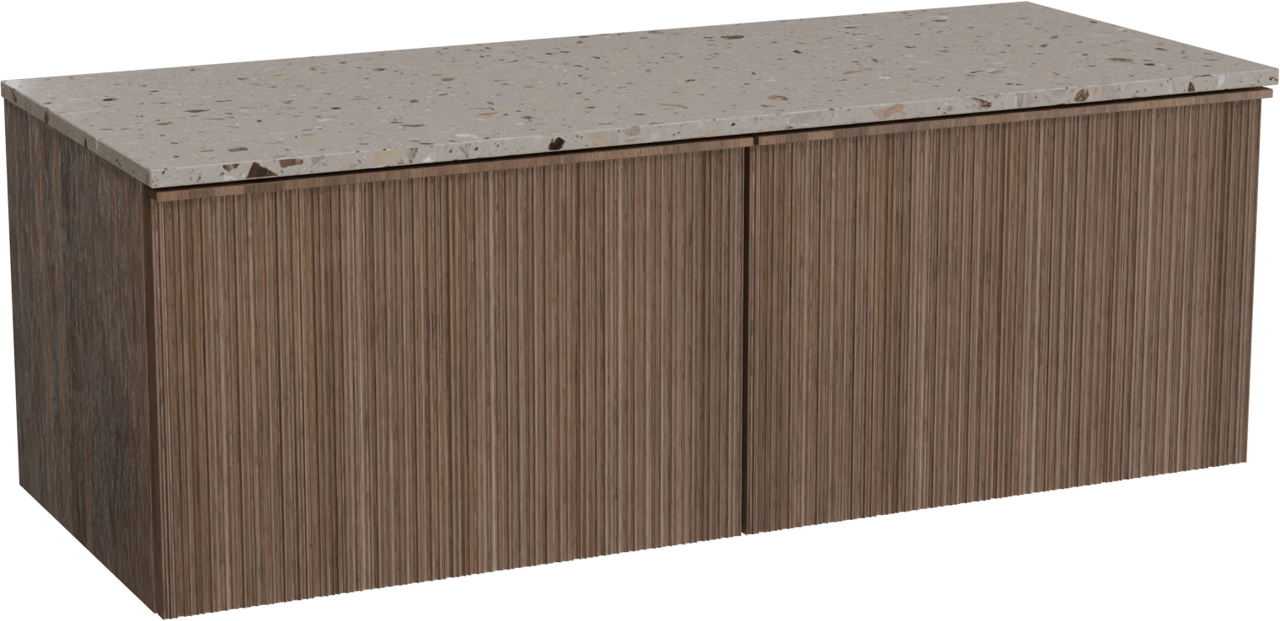 Balmani Forma zwevend badmeubel 135 x 55 cm amerikaans notenhout met Stretto enkel of dubbel wastafelblad in terrazzo greige terrazzo, Verticale asymmetrische ronde ribbel