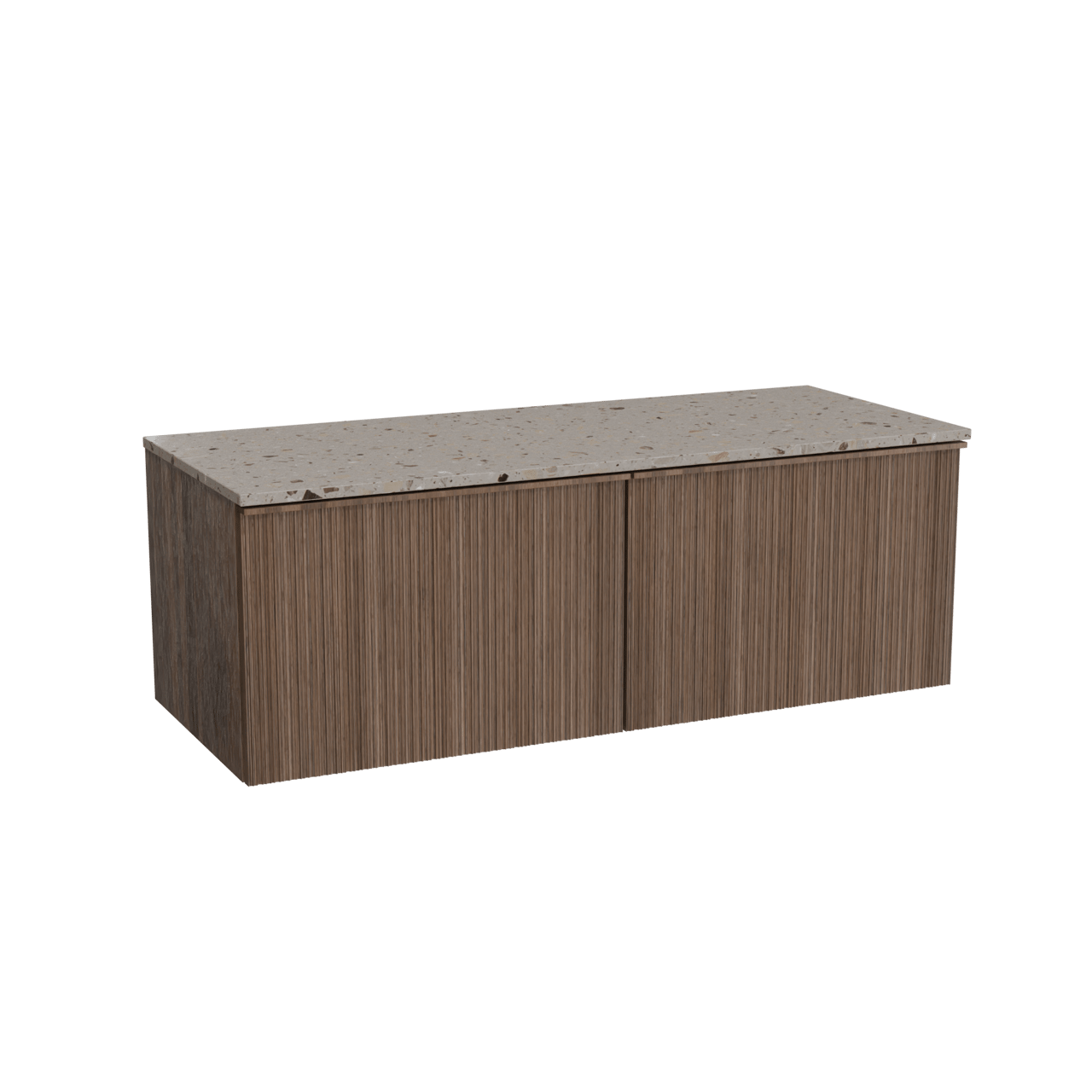 Balmani Forma hängendes Möbelstück Set: 135 x 55 cm, Amerikanischer Nussbaum, mit Stretto Einzel- oder Doppel Waschtischplatte, Terrazzo in Greige, Vertikale asymmetrische Runde Rippe