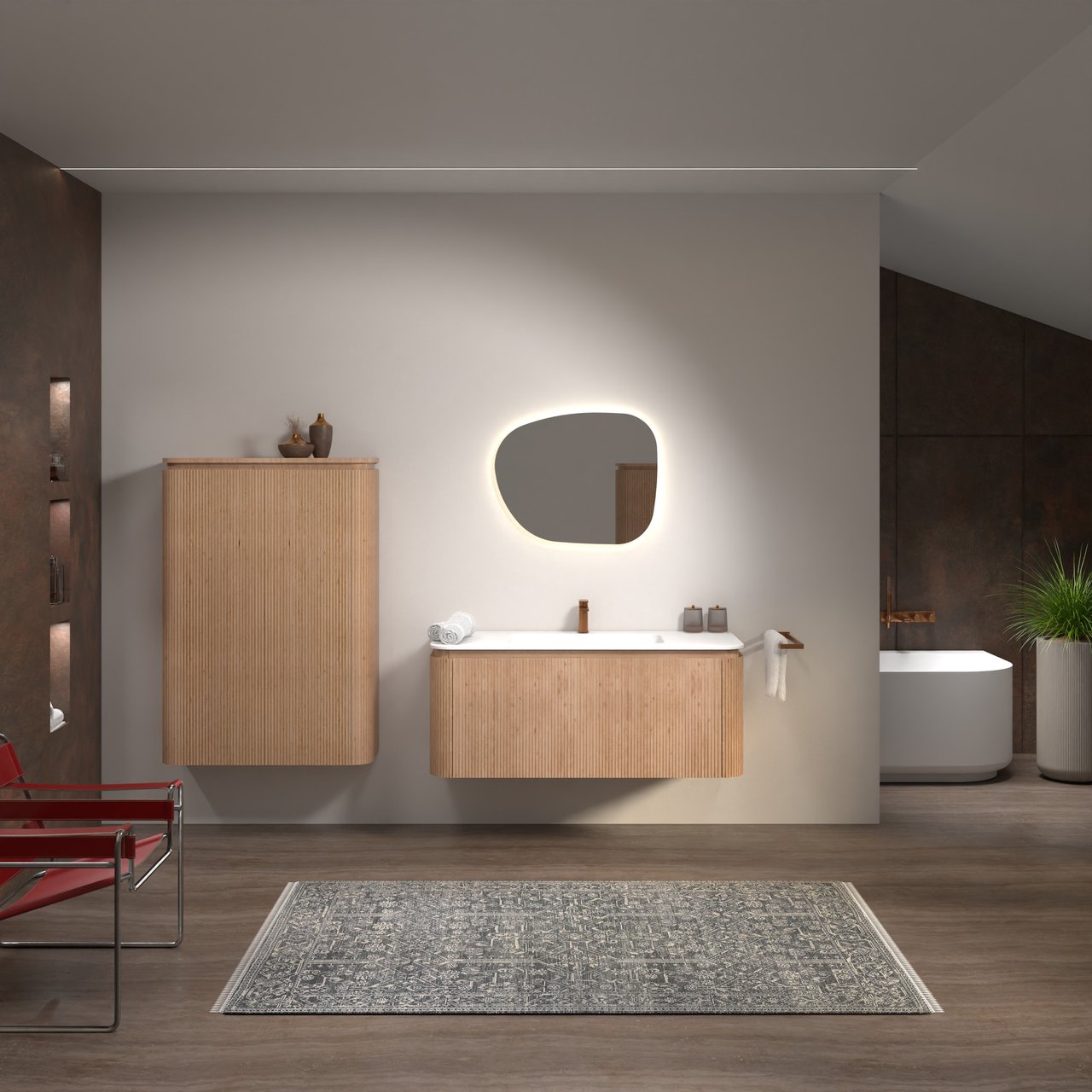 Balmani Moon zwevend badmeubel 130 x 55 cm naturel eiken met Moon enkele wastafel in solid surface mat wit, Verticale symmetrische rechte ribbel