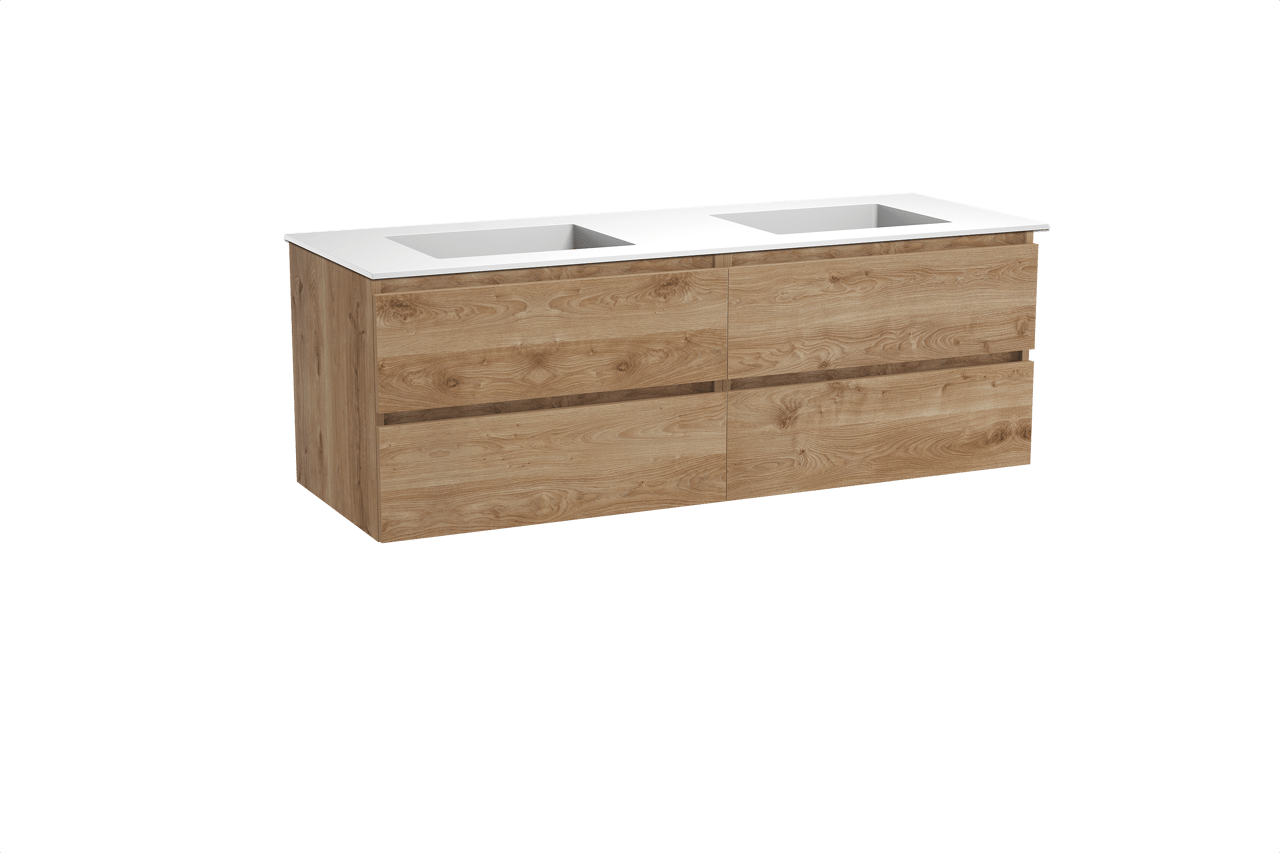 Balmani Lucida hängendes Möbelstück Set: 150 x 55 cm, Rohe Eiche, mit Tablo Stretto Doppelwaschtisch, Solid Surface Weiß matt