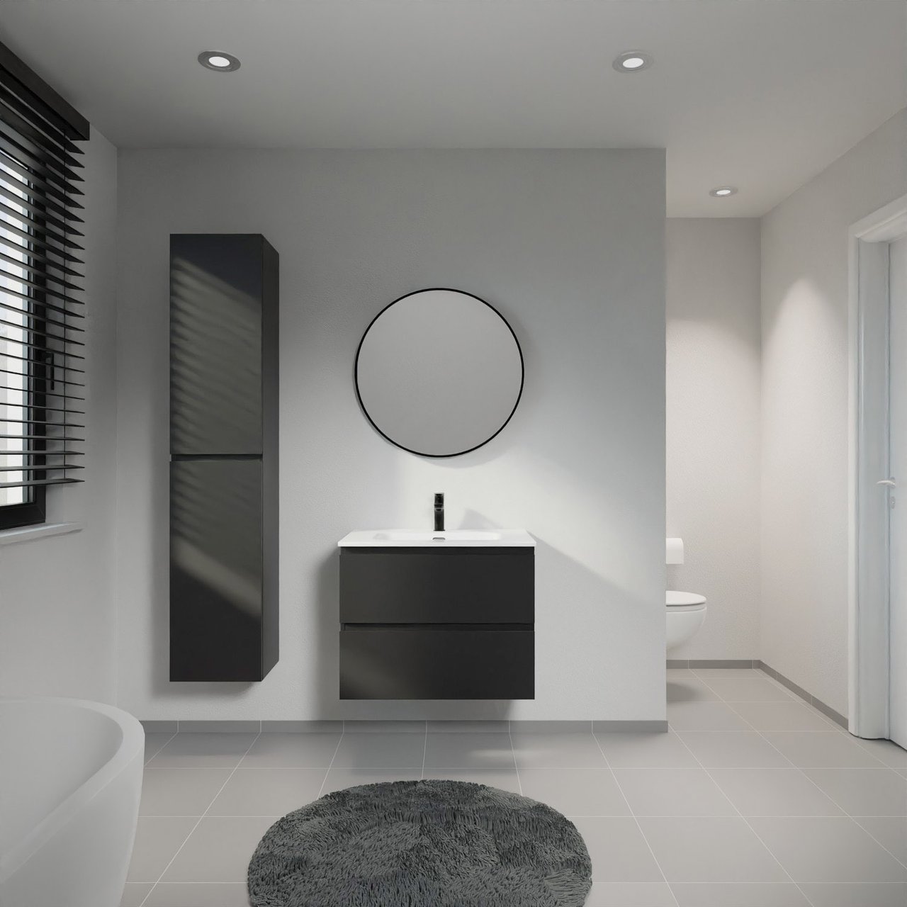 Linie Lado zwevend badkamermeubel 70 x 46 cm mat zwart met Baro enkele wastafel in porselein glanzend wit