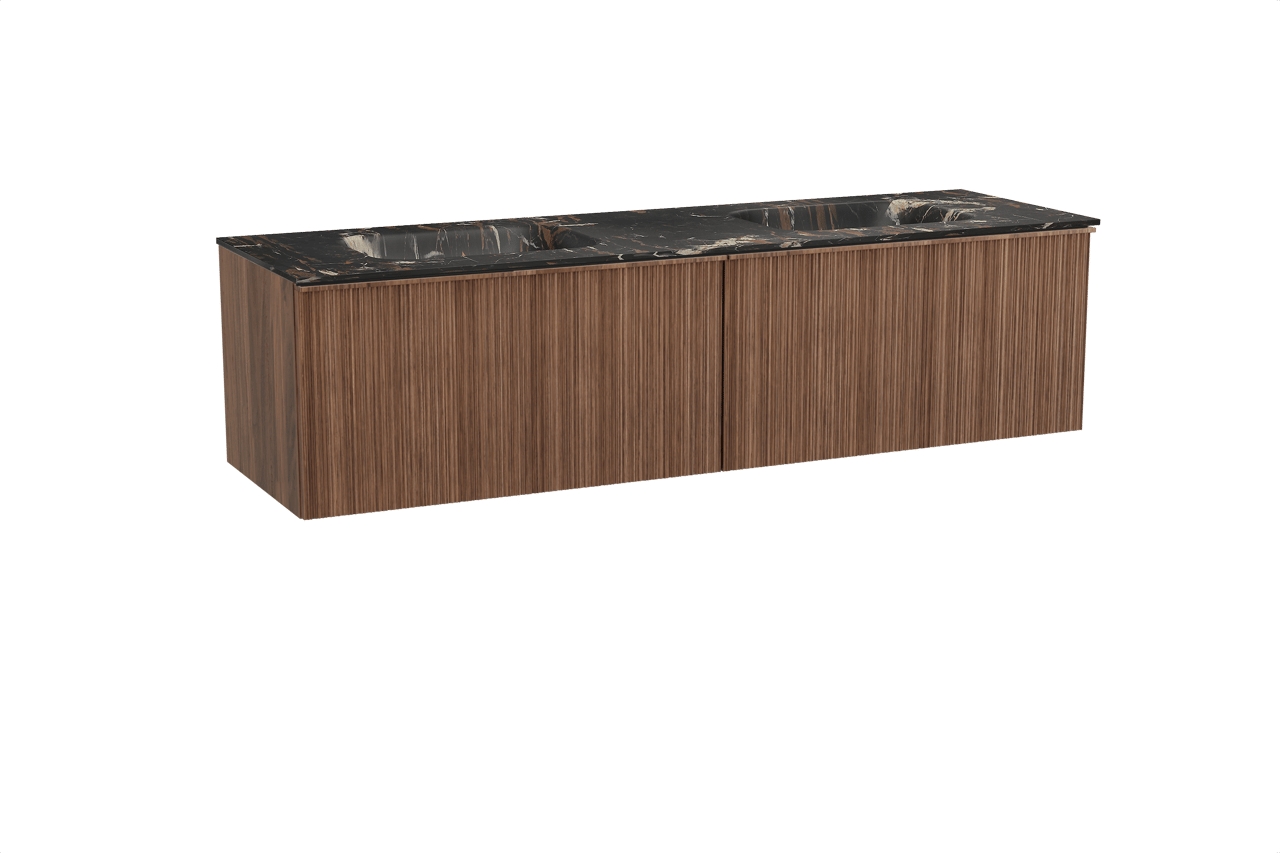 Balmani Forma zwevend badkamermeubel 180 x 55 cm amerikaanse notelaar met Tablo Arcato dubbele wastafel in marmer portoro gold, Verticale asymmetrische ronde ribbel