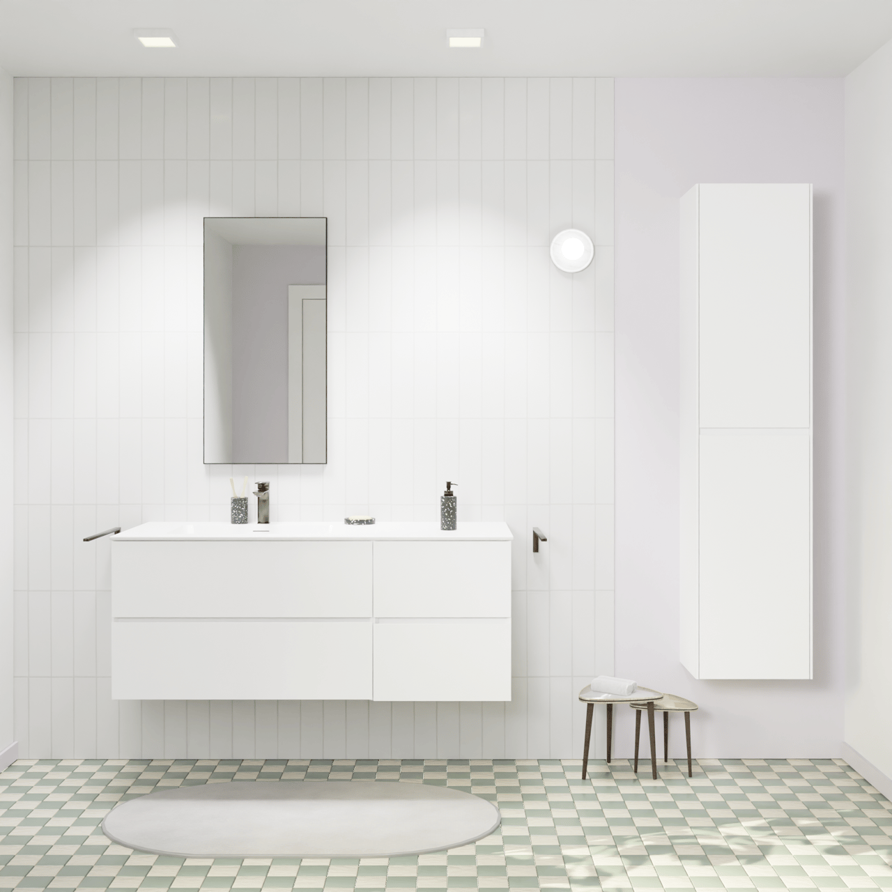 Storke Edge hängendes Möbelstück Set: 130 x 52 cm, Weiß matt, mit Mata Waschtisch links, Solid Surface Weiß matt