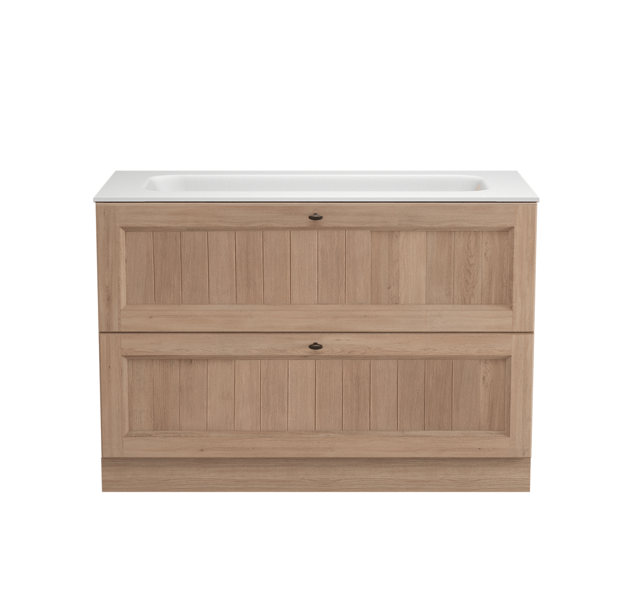 Balmani Lemon staand badkamermeubel 120 x 55 cm verweerde eik met Tablo Arcato enkele wastafel voor 2 kraangaten in solid surface mat wit